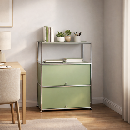 Fortune Candy 3 Tier Modular Metal Storage Cabinet, Modern Grid-Style Organizer for Dining Room, Living Room or Office, Olive green