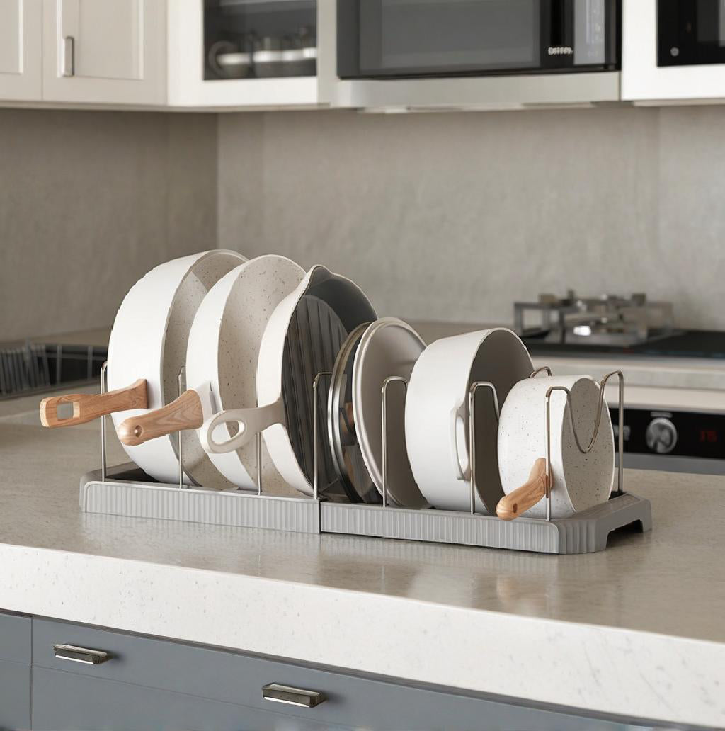 Fortune Candy 2 Pack Retractable Cabinet Organizer Rack, Pot Lid Holder for Cutting Boards, Pans, and Kitchen Storage, Gray