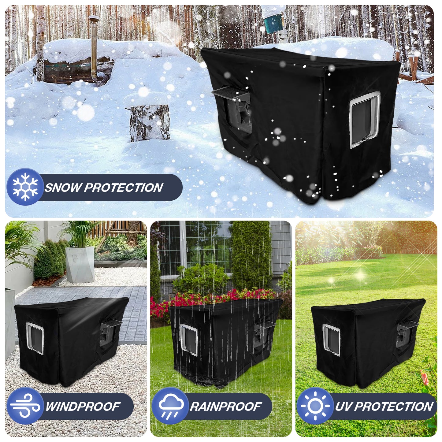 Fortune Candy 34.25'' Wooden Indoor-Outdoor Insulated Cat House with Raised Base, Spacious Indoor Area for All-Season Use, Black