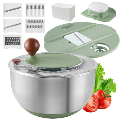 Fortune Candy 5.3 Qt Stainless Steel Salad Spinner, 7-in-1 Vegetable Washer, Cutter & Chopper with 5 Blades