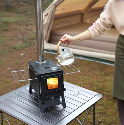 Fortune Candy 1 Set Folding Portable Wood Burning Tent Stove with Cooking Surface, Pipes and Spark Arrestor, for Camping, Hiking, Outdoor Courtyard