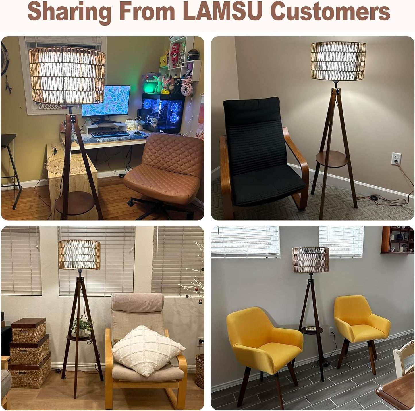 Fortune Candy 59'' Tall Boho Tripod Floor Lamp, Mid-Century Modern Wood Standing Lamp with Rattan and Fabric Shades for Home, 1 Pallet - Foot Switch