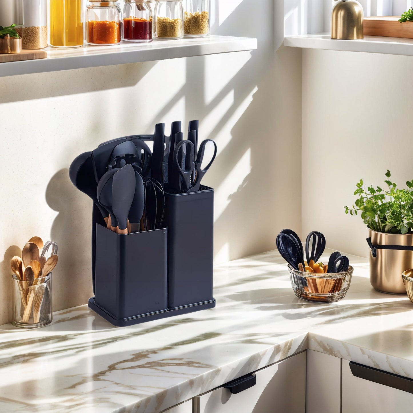 Fortune Candy 19pc Kitchen Utensil Set, Includes Tongs, Ladle, Scissors, Knives and Cutting Board (Black)