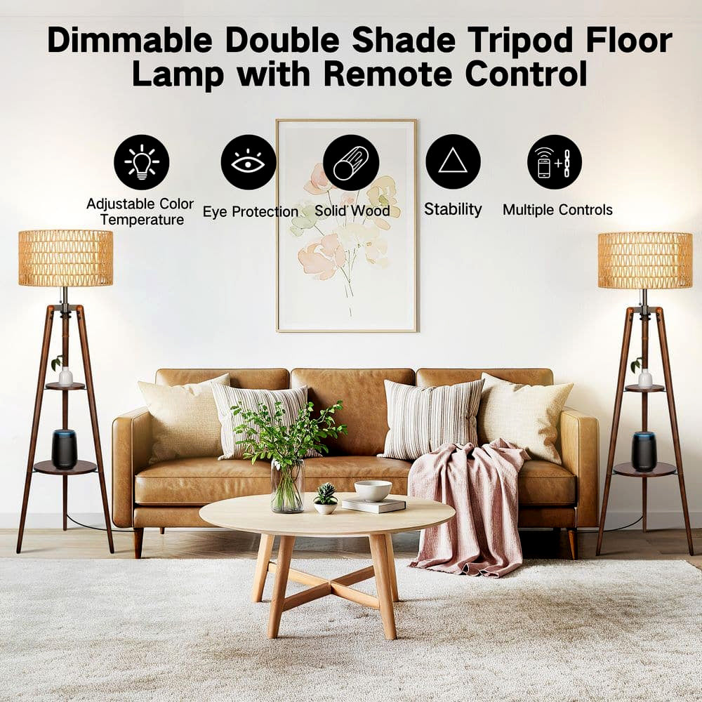 Fortune Candy 61'' Tall Boho Tripod Floor Lamp with Shelves, Mid-Century Modern Wood Standing Lamp with Rattan and Fabric Shades for Home, 2 Pallet