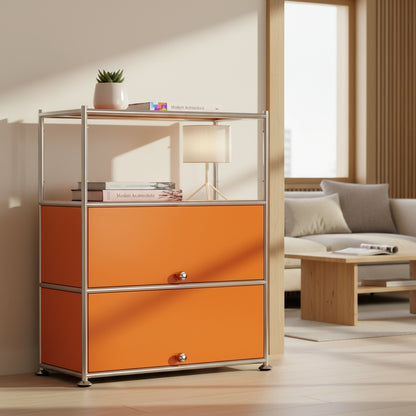Fortune Candy 3 Tier Metal Storage Cabinet with Doors, Modern Organizer, Open Shelf for Dining Room or Living Space, Orange