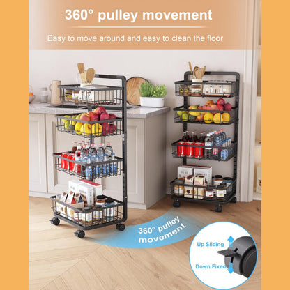 Fortune Candy Adjustable 4-Tier Metal Storage Cart with Wheels, Lockable Rolling Organizer for Kitchen, Pantry, Bathroom, or Office