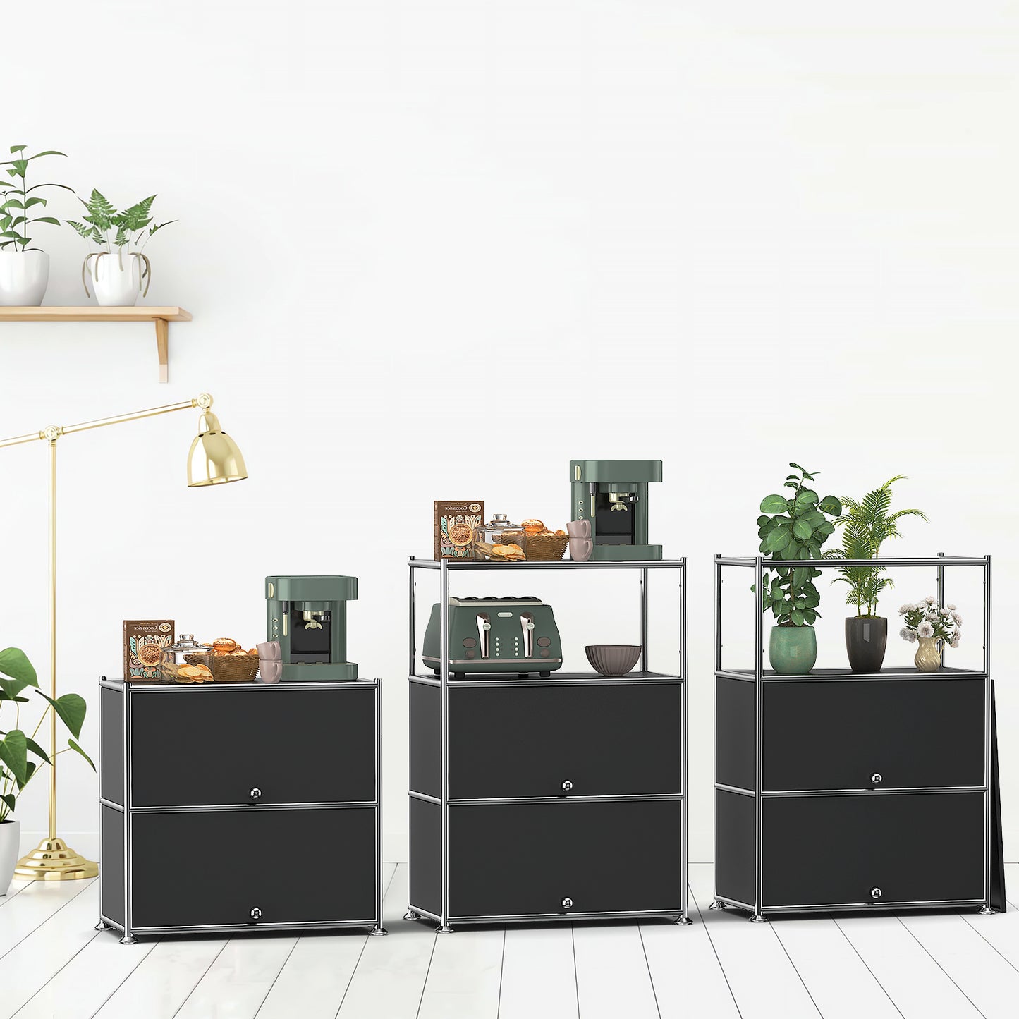 Fortune Candy 3 Tier Metal Storage Cabinet with Doors, Modern Organizer, Open Shelf for Dining Room or Living Space, Black