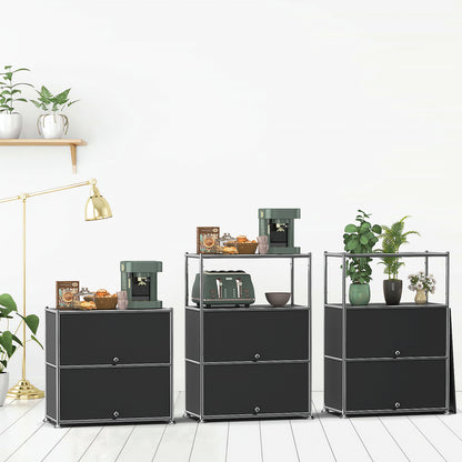 Fortune Candy 3 Tier Metal Storage Cabinet with Doors, Modern Organizer, Open Shelf for Dining Room or Living Space, Black