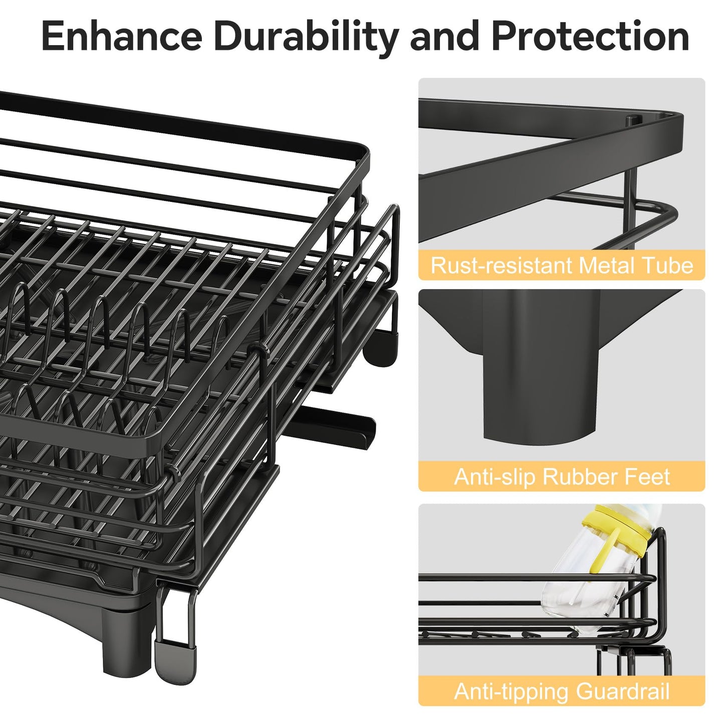 Frotune Candy 2 Tier Extendable Dish Drying Rack, 2-in-1 Dishrack for Kitchen Counter and Sink, Black