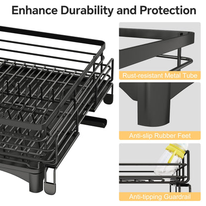 Frotune Candy 2 Tier Extendable Dish Drying Rack, 2-in-1 Dishrack for Kitchen Counter and Sink, Black