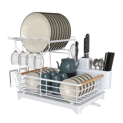 Fortune Candy 15.4'' Tall Dish Drying Rack with Bamboo Handle, 2-Tier Drying Rack for Apartments, Dorms, and Kitchens, White