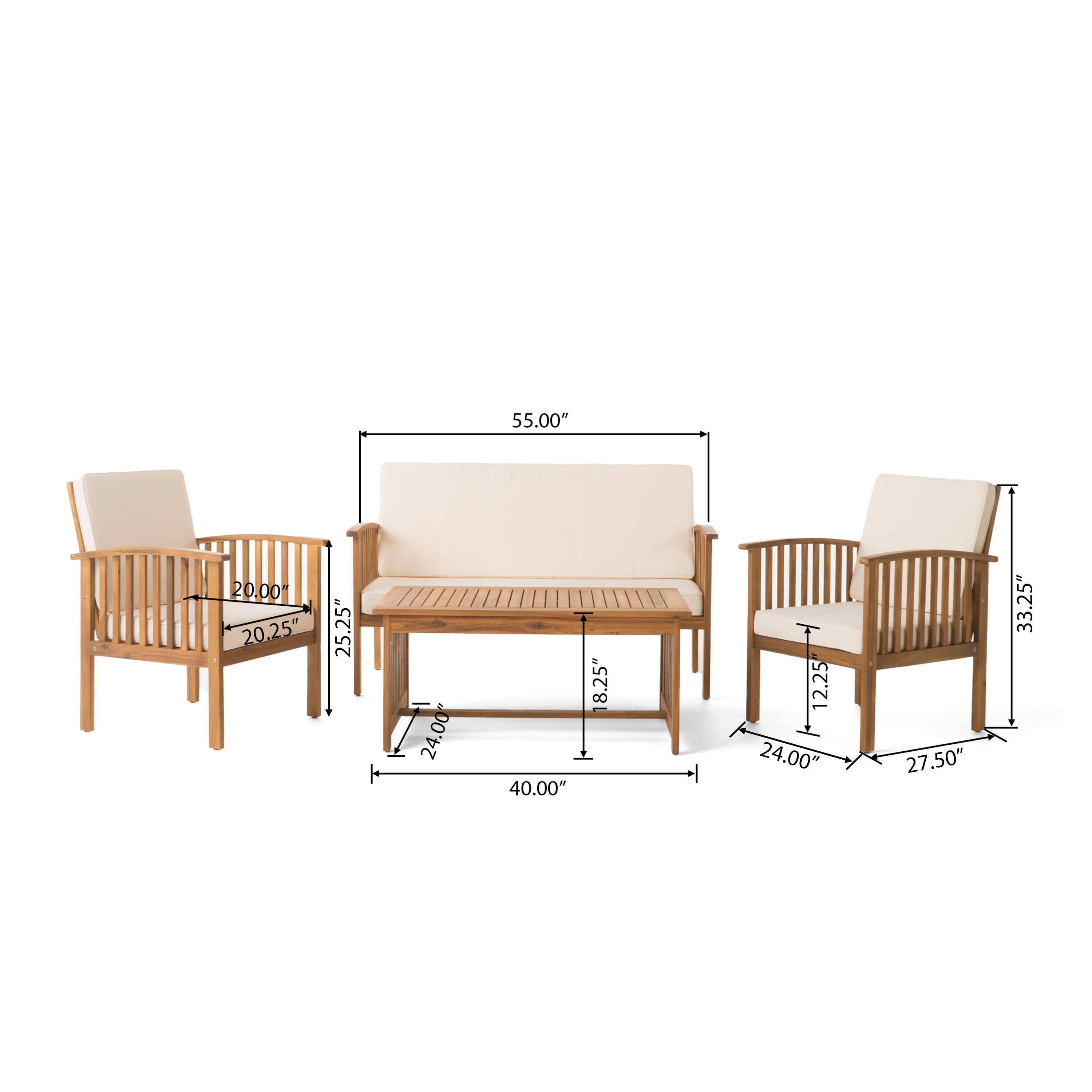 Fortune Candy 4 Pieces Indoor/Outdoor Acacia Wood Sofa Set with Cushions, Brown Conversation Furniture