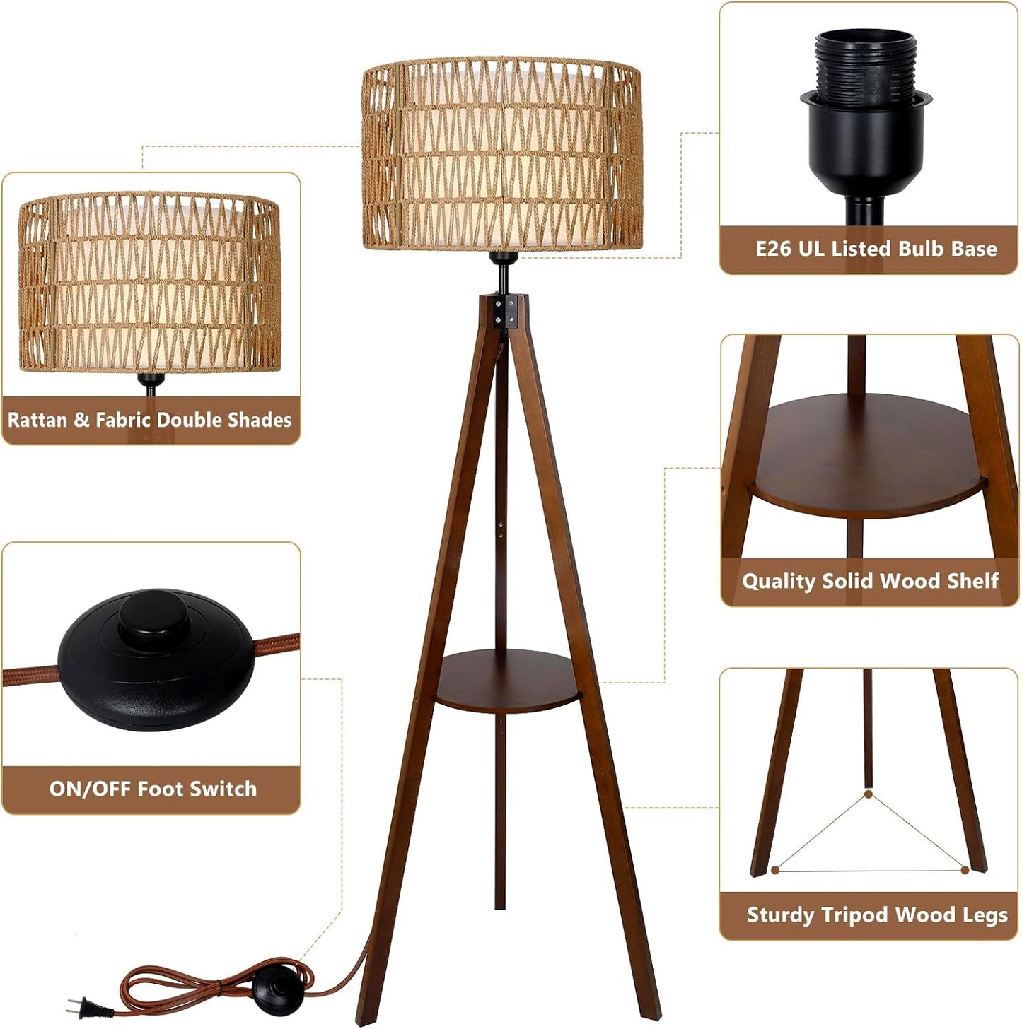Fortune Candy 59'' Tall Boho Tripod Floor Lamp, Mid-Century Modern Wood Standing Lamp with Rattan and Fabric Shades for Home, 1 Pallet - Foot Switch