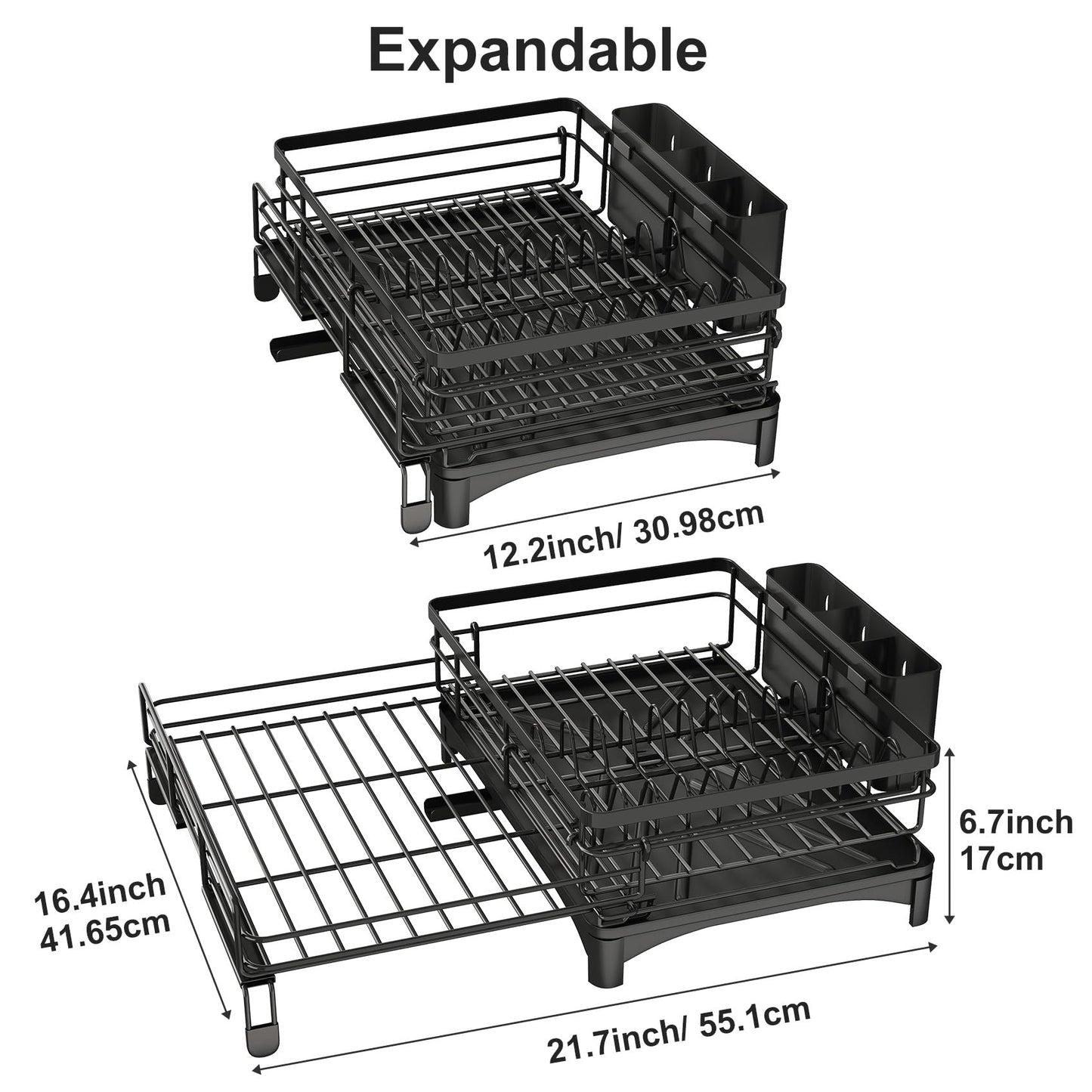 Frotune Candy 2 Tier Extendable Dish Drying Rack, 2-in-1 Dishrack for Kitchen Counter and Sink, Black