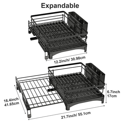 Frotune Candy 2 Tier Extendable Dish Drying Rack, 2-in-1 Dishrack for Kitchen Counter and Sink, Black