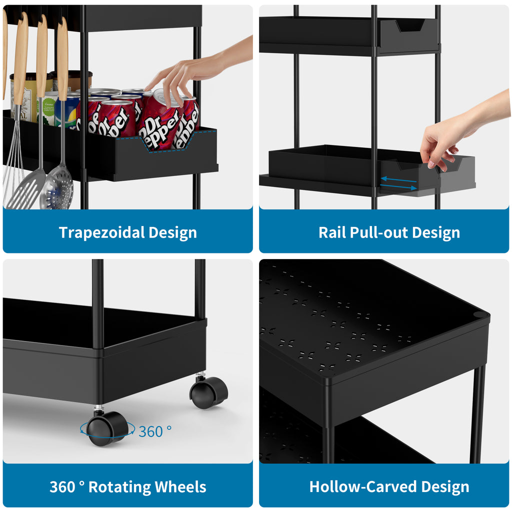 Fortune Candy 4-Tier Plastic Storage Cart with Wheels, Rolling Kitchen Shelving Rack for Pantry, Bathroom, Office