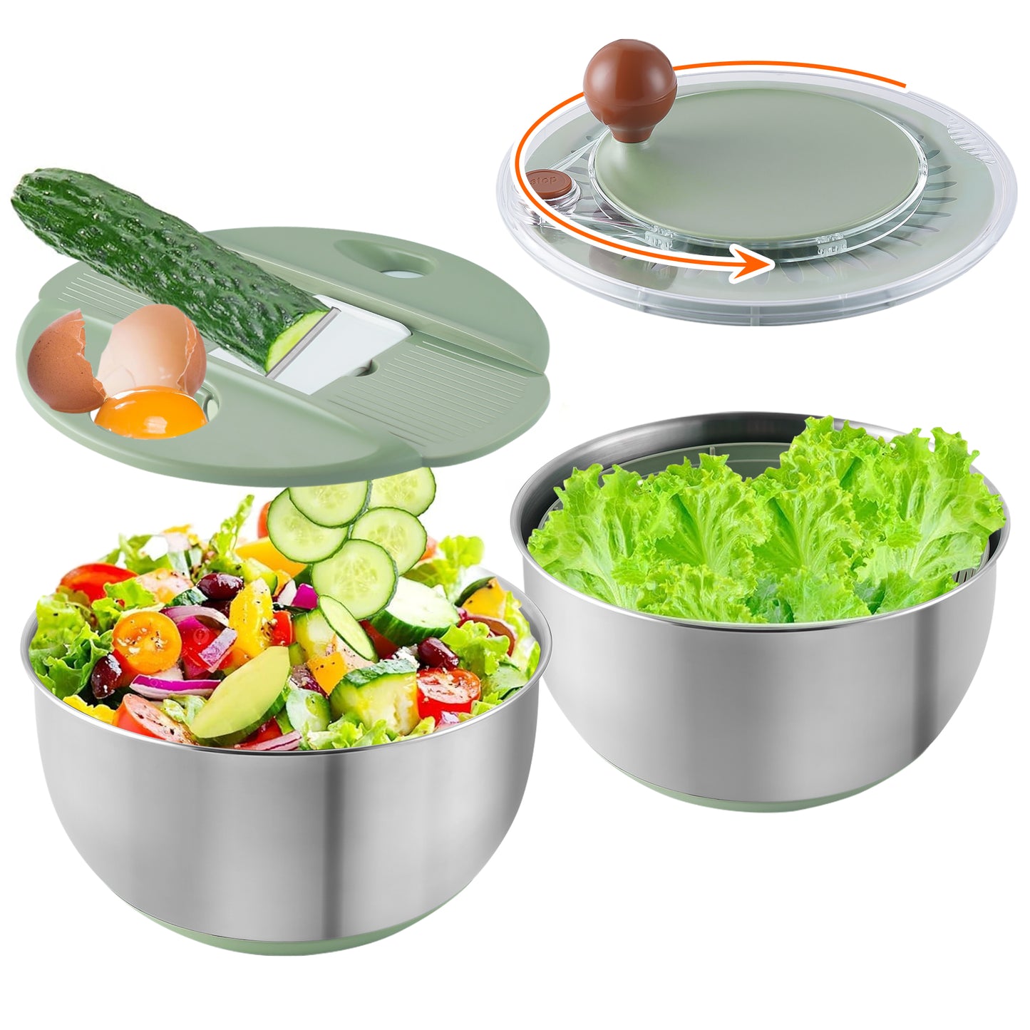 Fortune Candy 5.3 Qt Stainless Steel Salad Spinner, 7-in-1 Vegetable Washer, Cutter & Chopper with 5 Blades