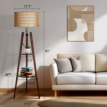 Fortune Candy 61'' Tall Boho Tripod Floor Lamp with Shelves, Mid-Century Modern Wood Standing Lamp with Rattan and Fabric Shades for Home, 2 Pallet