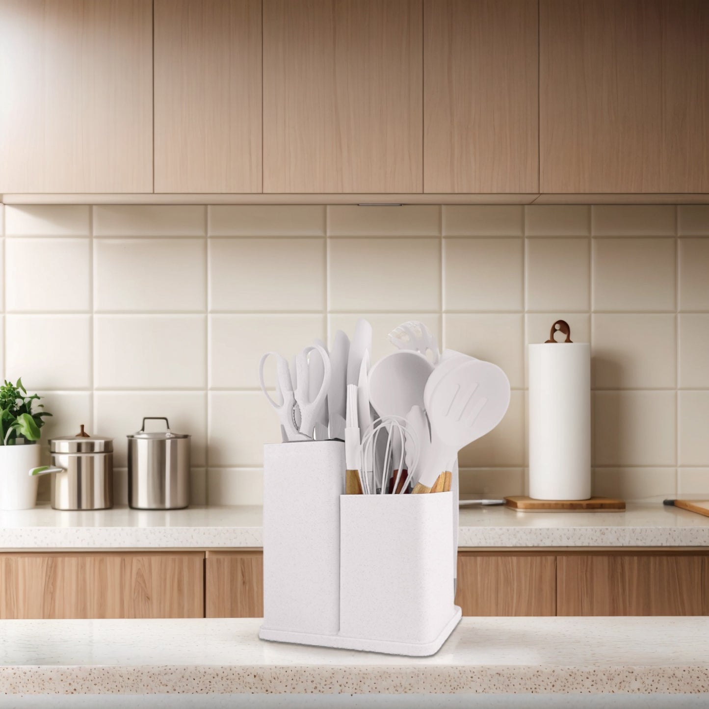 Fortune Candy 19pc Kitchen Utensil Set, Includes Tongs, Ladle, Scissors, Knives and Cutting Board (Beige)