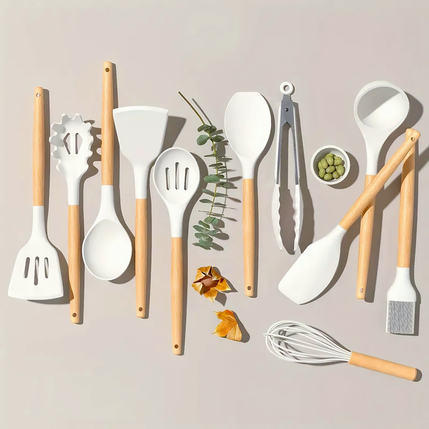 Fortune Candy 19pc Kitchen Utensil Set, Includes Tongs, Ladle, Scissors, Knives and Cutting Board (Beige)