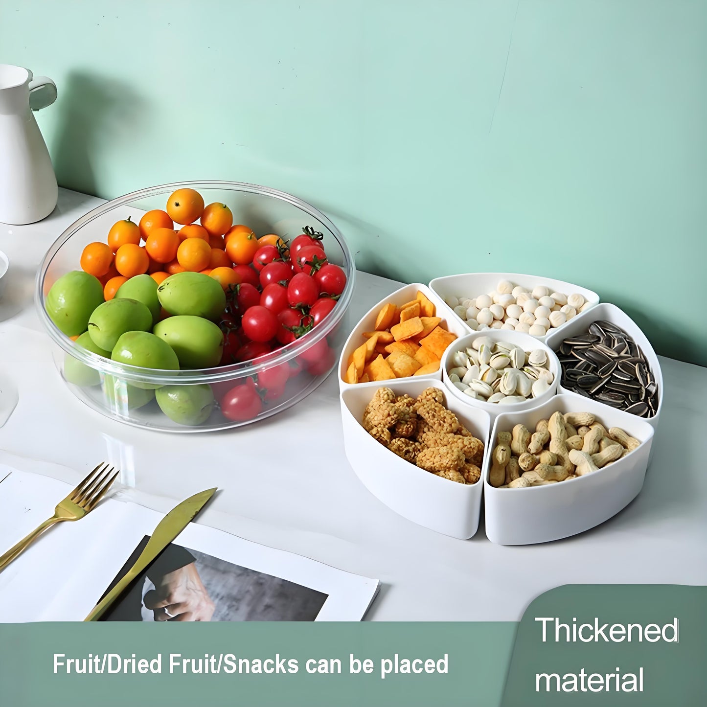 Fortune Candy 9 Compartment Box, Rotating Serving Tray with Lid & Handle, Portable Organizer for Fruits, Candy, Veggies, Party & Travel (White)