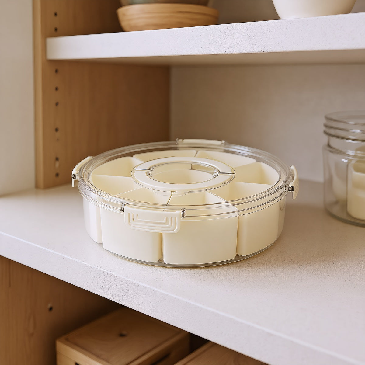 Fortune Candy 9 Compartment Box, Rotating Serving Tray with Lid & Handle, Portable Organizer for Fruits, Candy, Veggies, Party & Travel (White)