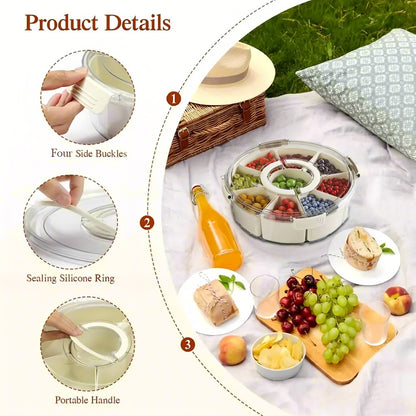 Fortune Candy 2 PCS Compartment Snackle Box, Rotating Serving Tray with Lid & Handle, Portable Organizer for Fruits, Candy, Veggies, Party & Travel