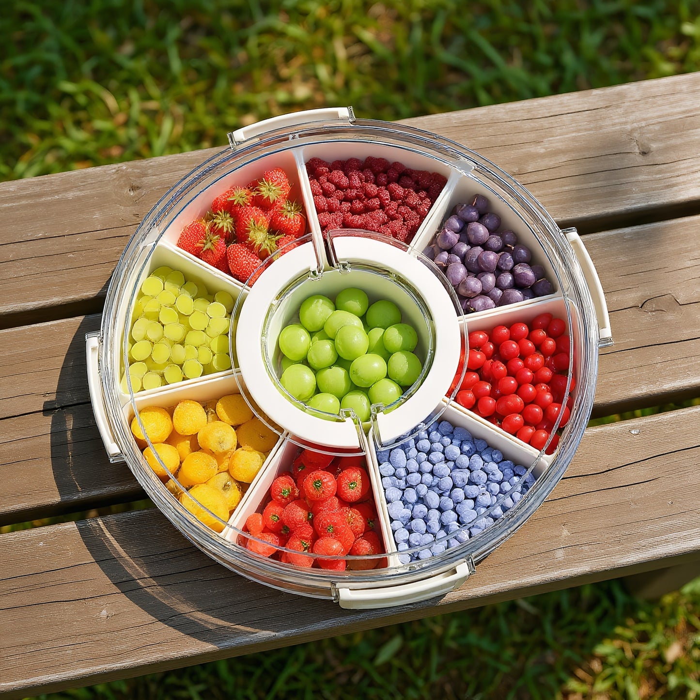 Fortune Candy 9 Compartment Box, Rotating Serving Tray with Lid & Handle, Portable Organizer for Fruits, Candy, Veggies, Party & Travel (White)