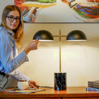 Fortune Candy 22.4'' Black Table Lamp with Double Bulbs, Faux Marble Base, Modern Desk Light for Living Room, Bedroom, or Office Reading