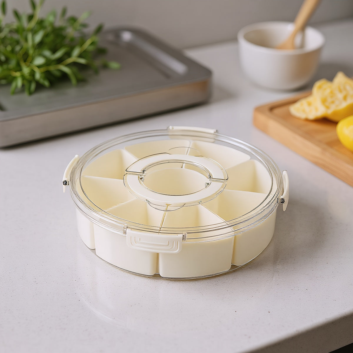Fortune Candy 9 Compartment Box, Rotating Serving Tray with Lid & Handle, Portable Organizer for Fruits, Candy, Veggies, Party & Travel (White)