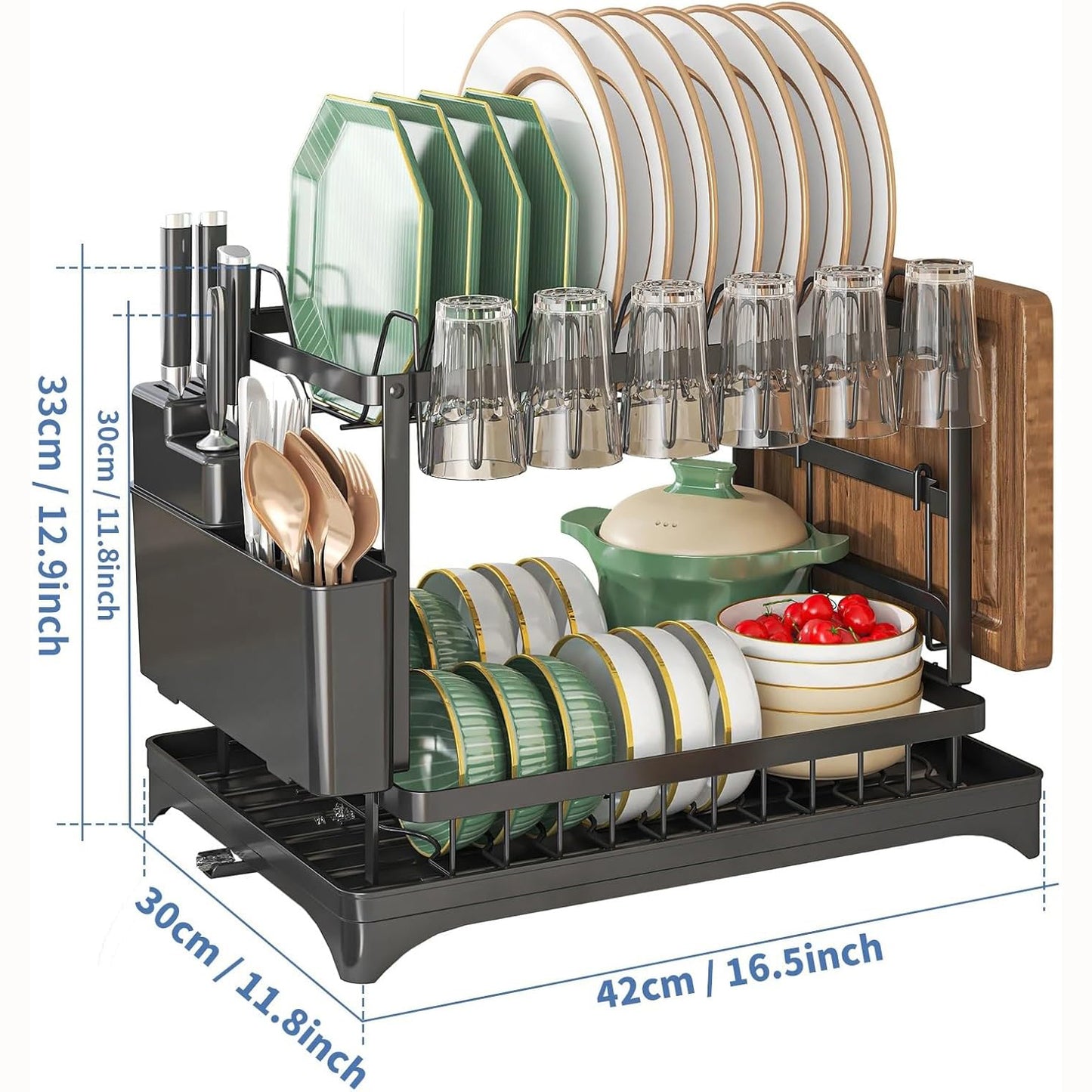 Fortune Candy 11.41'' Tall 2 Tier Dish Drying Rack, Large apacity, Black