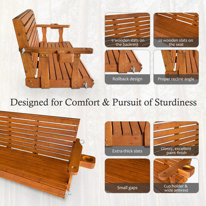 Wooden Porch Swing 2-Seater, Bench Swing with Cupholders, Hanging Chains and 7mm Springs, Heavy Duty 800 LBS, for Outdoor Patio Garden (Warm Teak Color, 5 FT Extra Large)