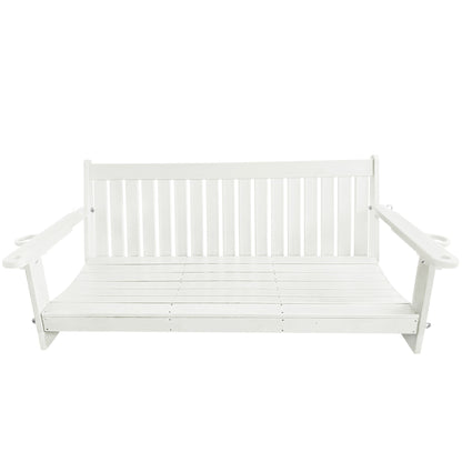 HDPE 3-Seater Porch Swing, 5-Feet Bench Swing with Foldable Cup Holders,18/8 Stainless Steel Hardware, High Backrest and Deep Contoured Seat (White, 5-feet)