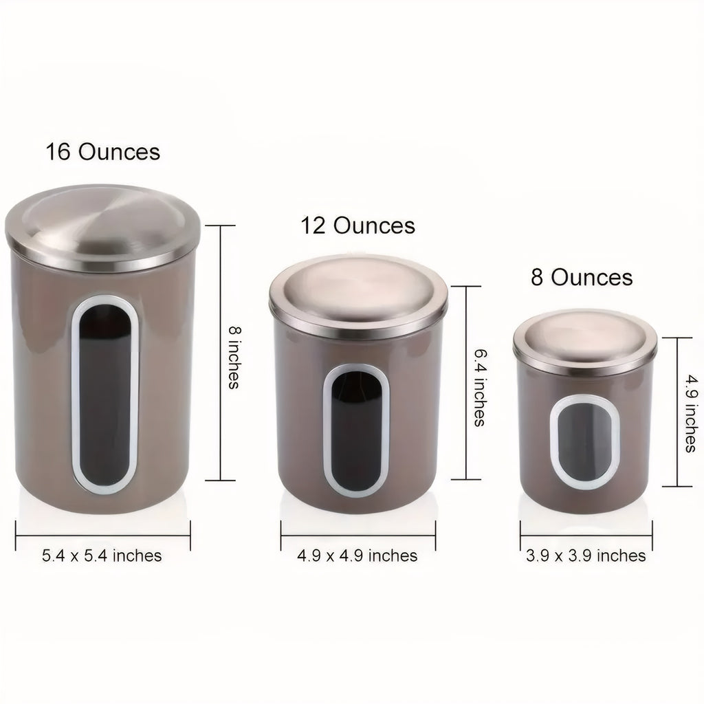 Fortune Candy 3 PCS Stainless Steel Canister Set with Anti-Fingerprint Lids & Visible Windows, Multipurpose Food Storage for Kitchen or Travel (Brown)