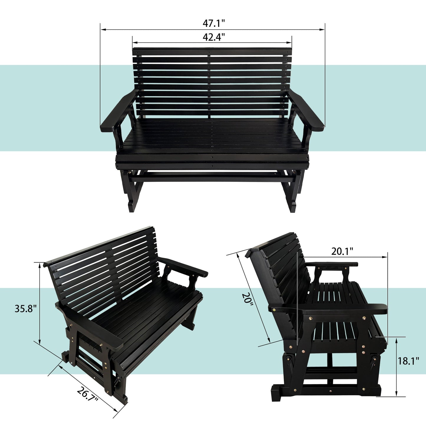 Wooden Patio Glider with High Roll Back and Deep Contoured Seat, Solid Fir Wood, 2-Seater, Heavy Duty 800 LBS, 4 Ft. (Carbon Black)