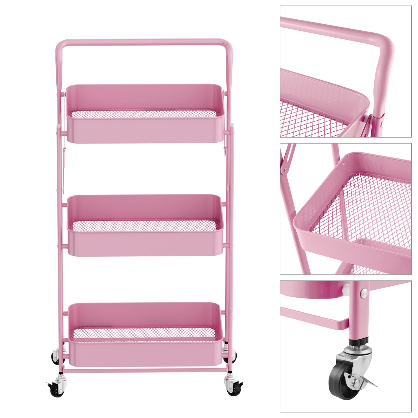 Fortune Candy Foldable 3-Tier Rolling Utility Cart, No-Assembly Multipurpose Storage Organizer with Handle for Home or Office, Pink
