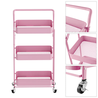 Fortune Candy Foldable 3-Tier Rolling Utility Cart, No-Assembly Multipurpose Storage Organizer with Handle for Home or Office, Pink