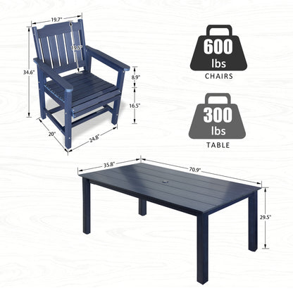 Fortune Candy 5 PCS Poly Lumber Outdoor Patio Dining Set, 70.9 in. Table with Umbrella Hole and Slat-Back Chairs, Navy Blue