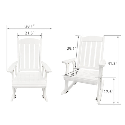 Wooden Patio Rocking Chair with Comfortable Backrest Inclination, High Backrest and Deep Contoured Seat, Solid Fir Wood, Heavy Duty 600 LBS, for Both Outdoor and Indoor (White - 3 Pieces)