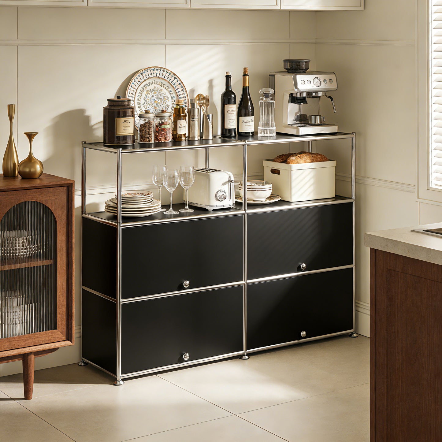 Fortune Candy 4-Door Modular Metal Sideboard with Open Shelf, Modern Twin-Row Grid Cabinet for Dining or Living Room, Office, Black