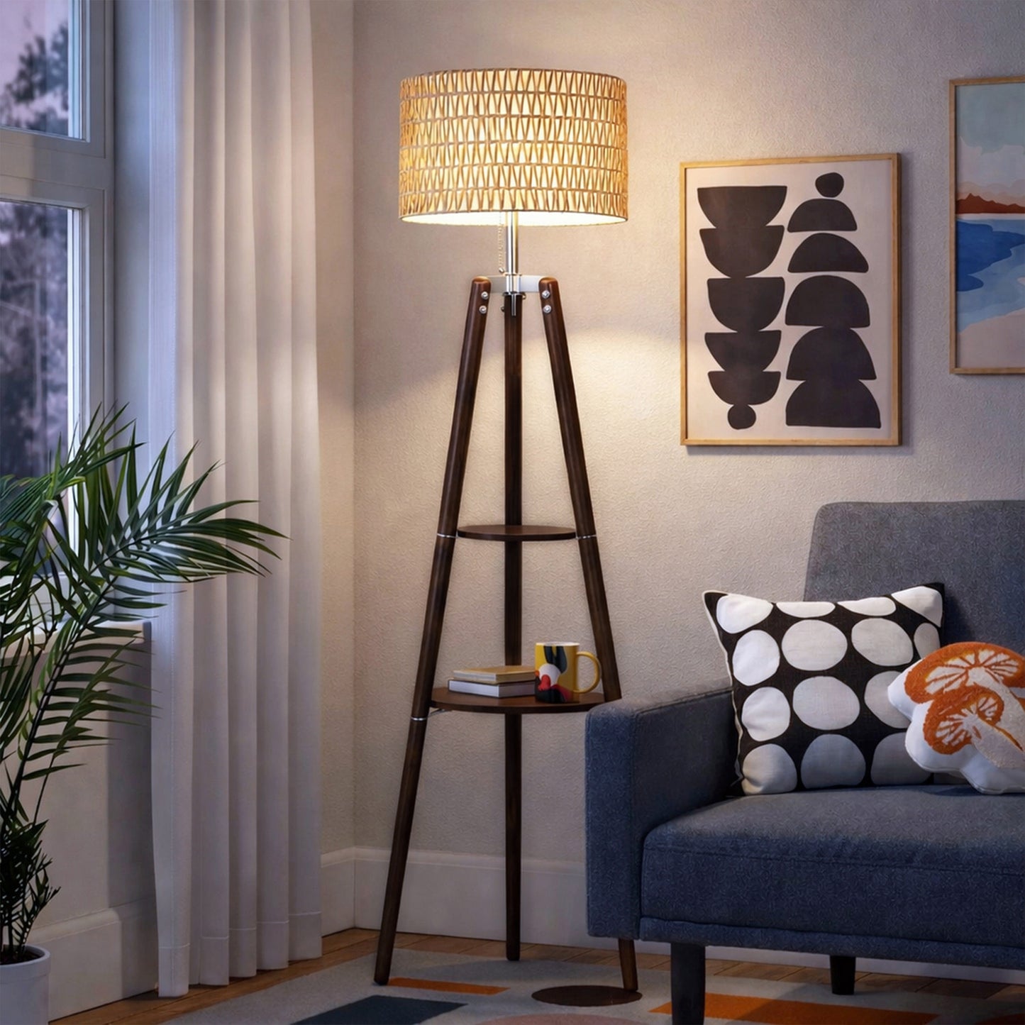 Fortune Candy 61'' Tall Boho Tripod Floor Lamp with Shelves, Mid-Century Modern Wood Standing Lamp with Rattan and Fabric Shades for Home, 2 Pallet