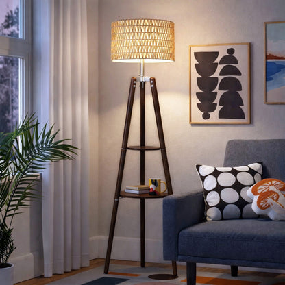 Fortune Candy 61'' Tall Boho Tripod Floor Lamp with Shelves, Mid-Century Modern Wood Standing Lamp with Rattan and Fabric Shades for Home, 2 Pallet