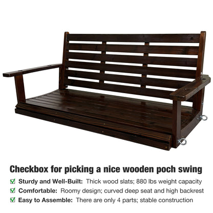 Fortune Candy Wooden Porch Swing 2-Seater Extra Large, Ergonomic Seat, Bench Swing with Hanging Chains, for Outdoor Patio Garden Yard (Deep Brown)