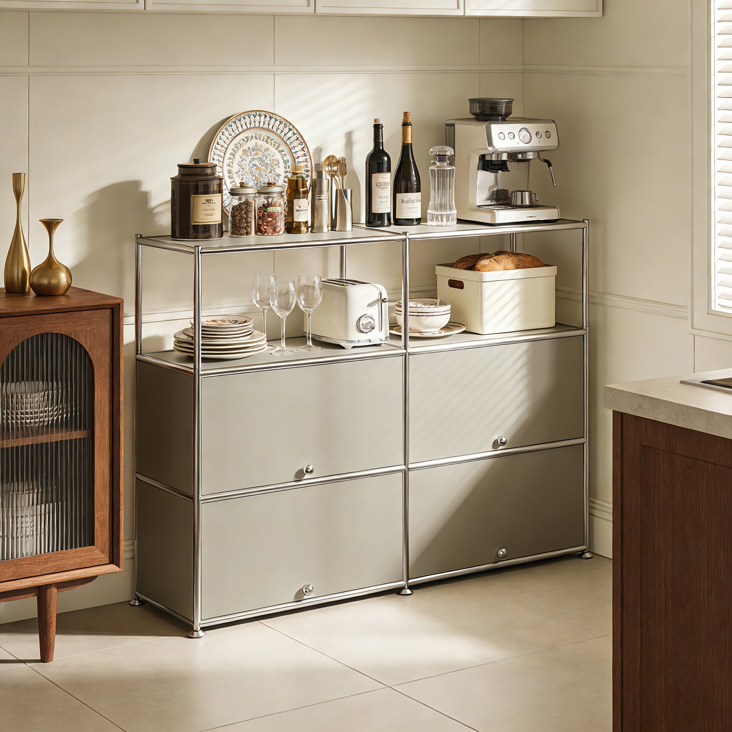 Fortune Candy 4-Door Modular Metal Sideboard with Open Shelf, Modern Twin-Row Grid Cabinet for Dining or Living Room, Office, Light Gray