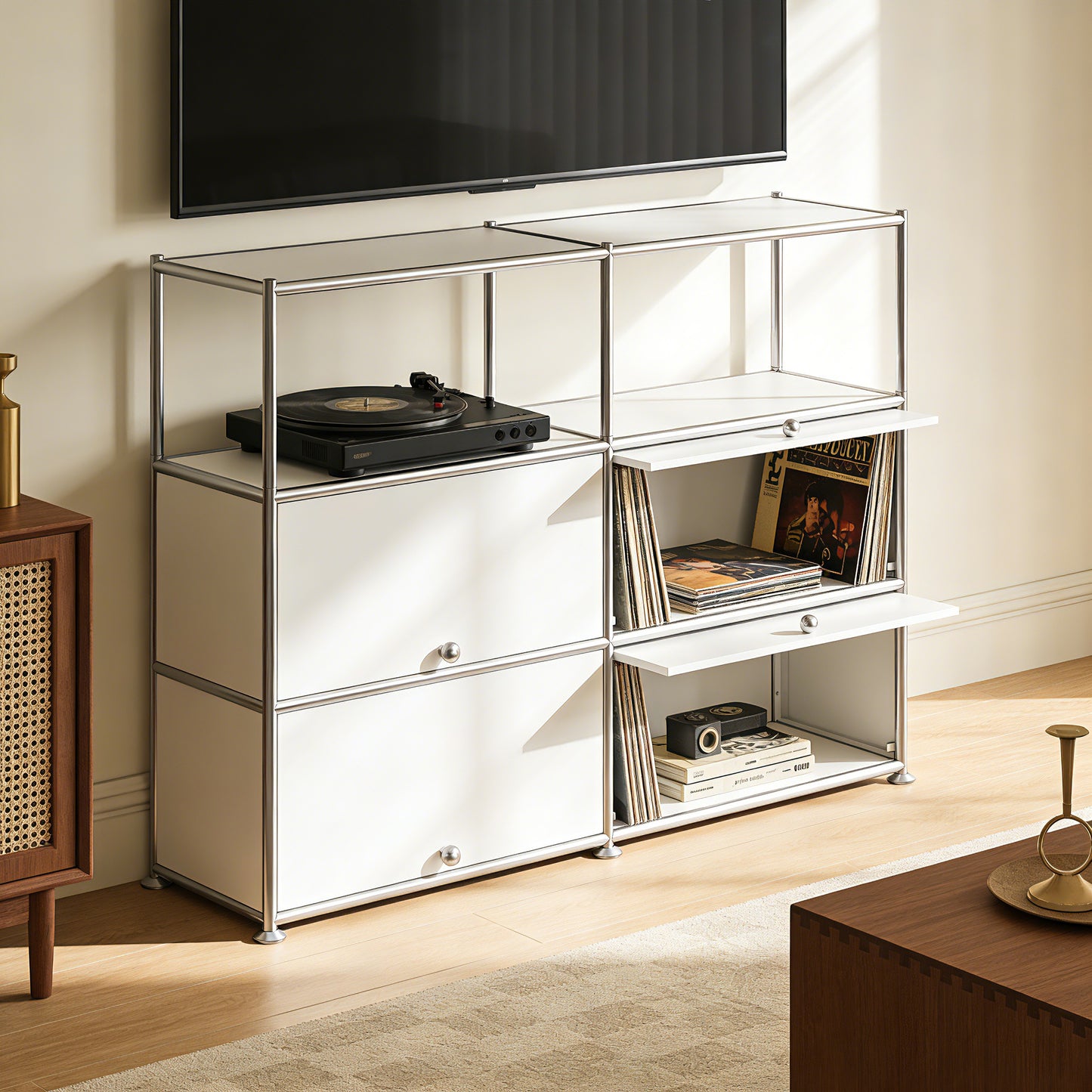 Fortune Candy 4-Door Modular Metal Sideboard with Open Shelf, Modern Twin-Row Grid Cabinet for Dining or Living Room, Office, White