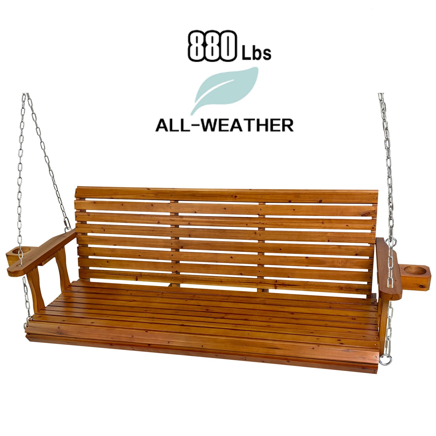 Fortune Candy Extended 3-Seater Wooden Porch Swing with Seat Cushion, Cup Holders, Hanging Chains and 7mm Springs, Heavy Duty 880 LBS (Warm Teak, 5.5 FT)