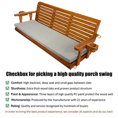 Fortune Candy Extended 3-Seater Wooden Porch Swing with Seat Cushion, Cup Holders, Hanging Chains and 7mm Springs, Heavy Duty 880 LBS (Warm Teak, 5.5 FT)