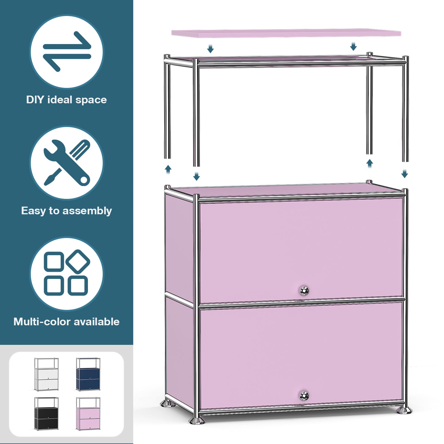 Fortune Candy 3 Tier Modular Metal Storage Cabinet, Modern Grid-Style Organizer for Dining Room, Living Room or Office, Pink