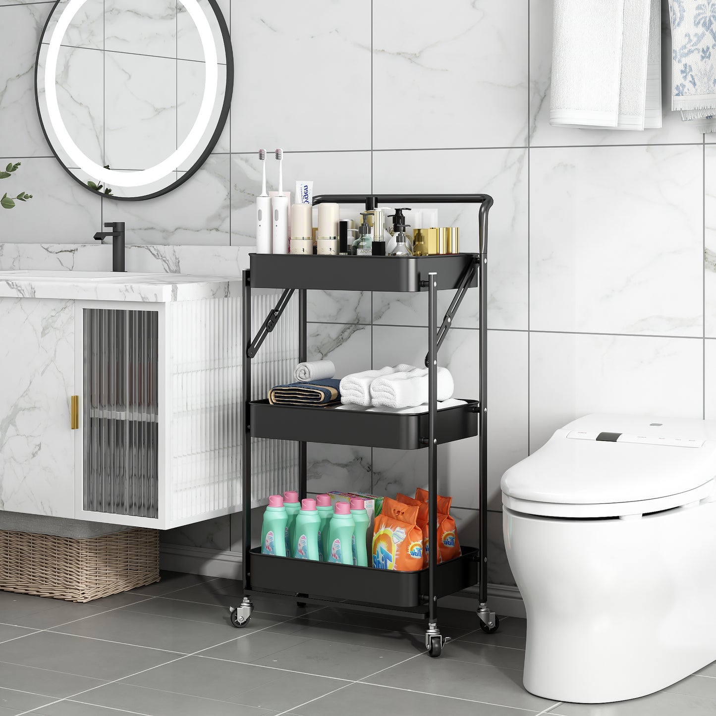 Fortune Candy Foldable 3-Tier Rolling Utility Cart, No-Assembly Multipurpose Storage Organizer with Handle for Home or Office, Black