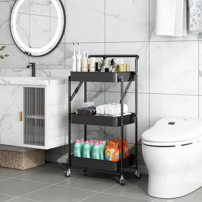 Fortune Candy Foldable 3-Tier Rolling Utility Cart, No-Assembly Multipurpose Storage Organizer with Handle for Home or Office, Black